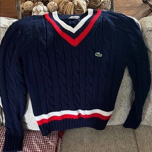 Lacoste V-Neck Sweater in Dark Blue with Red and White Accents